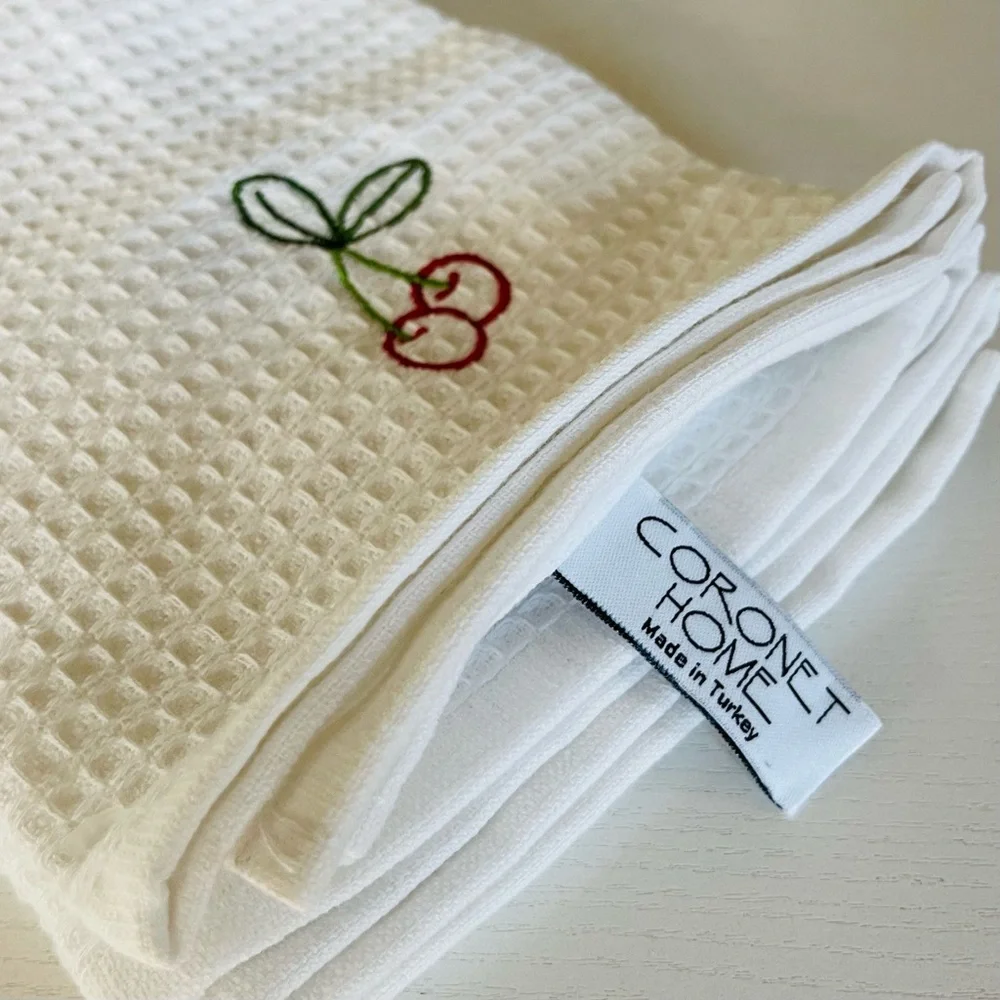 Coronet Home, White, Cherry Red Embroidered Kitchen Towels, Sz 18x28